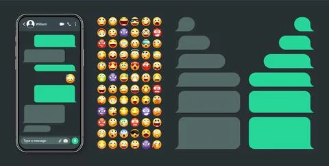 Smartphone messaging app, user interface with emoji. SMS text frame. Chat screen Stock Illustration