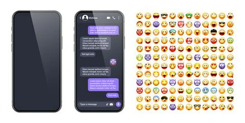 Smartphone messaging app, user interface with emoji. SMS text frame. Chat screen Stock Illustration