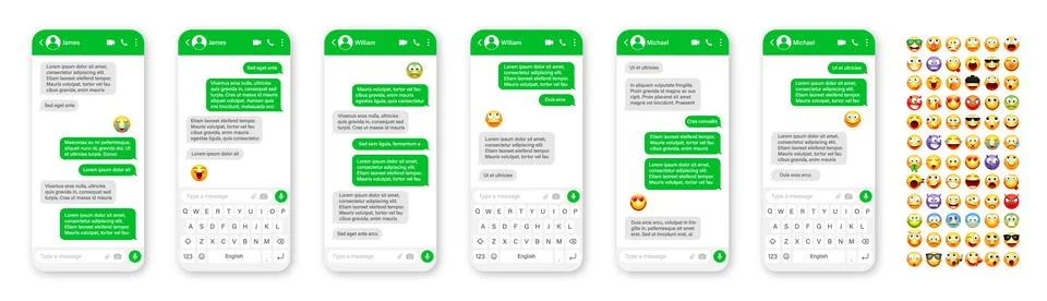 Smartphone messaging app, user interface design with emoji. SMS text frame. Chat Stock Illustration
