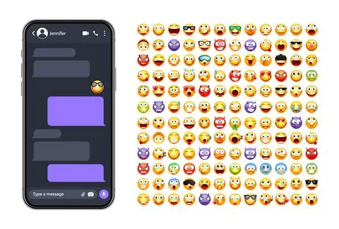 Smartphone messaging app, user interface with emoji. SMS text frame. Chat screen Stock Illustration