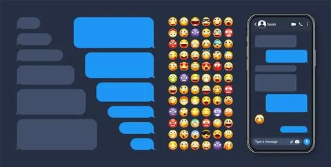 Smartphone messaging app, user interface with emoji. SMS text frame. Chat screen Stock Illustration