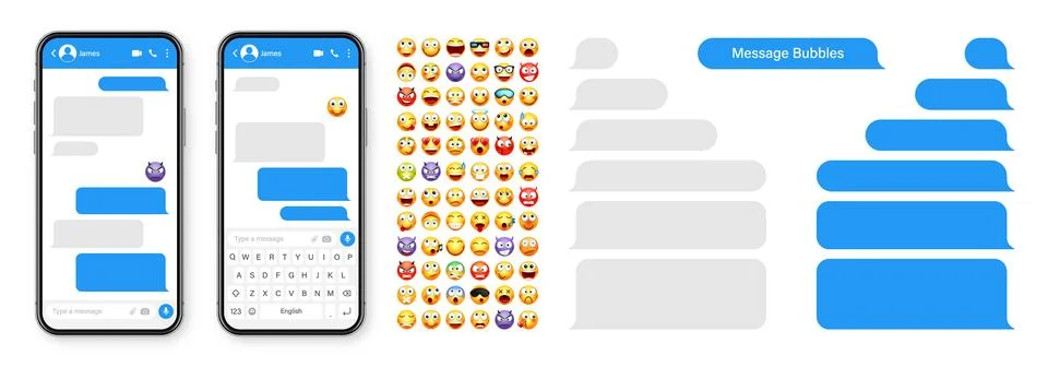 Smartphone messaging app, user interface design with emoji. SMS text frame. Chat Stock Illustration