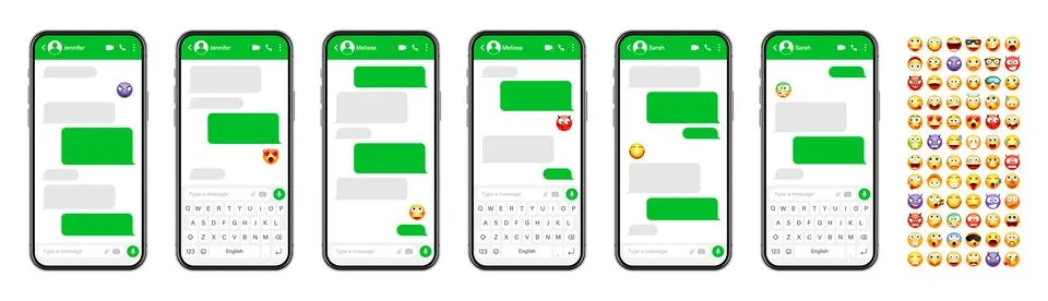 Smartphone messaging app, user interface design with emoji. SMS text frame. Chat Stock Illustration