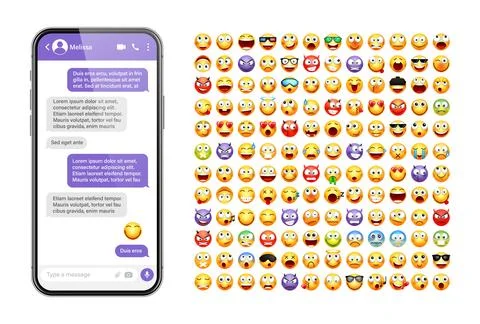 Smartphone messaging app, user interface design with emoji. SMS text frame. Chat Stock Illustration