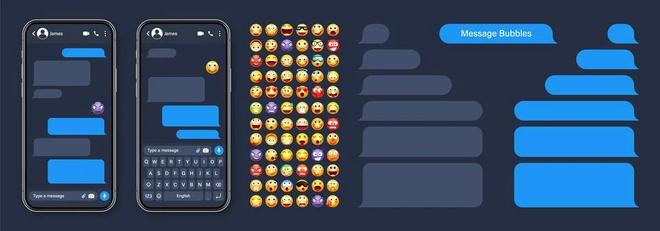 Smartphone messaging app, user interface with emoji. SMS text frame. Chat screen 스톡 일러스트