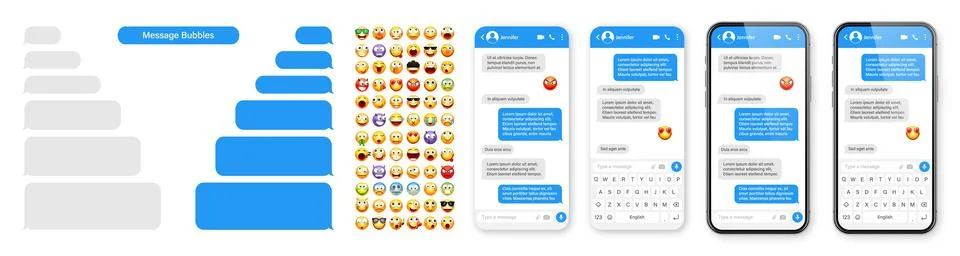 Smartphone messaging app, user interface design with emoji. SMS text frame. Chat Stock Illustration