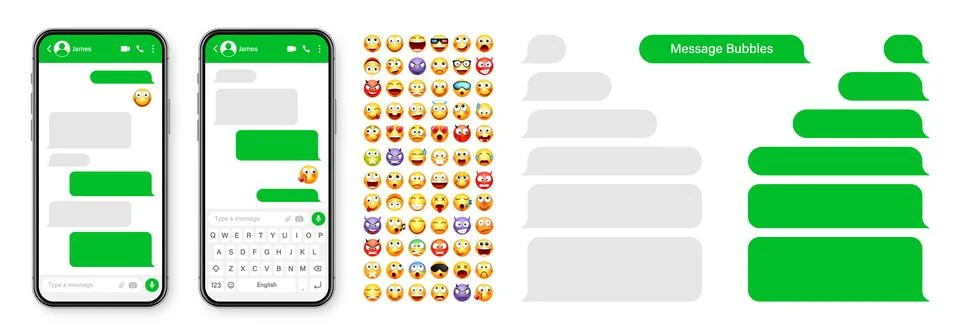Smartphone messaging app, user interface design with emoji. SMS text frame. Chat 스톡 일러스트