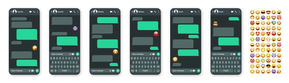 Smartphone messaging app, user interface with emoji. SMS text frame. Chat screen Stock Illustration