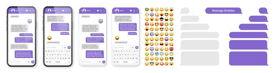 Smartphone messaging app, user interface design with emoji. SMS text frame. Chat Stock Illustration