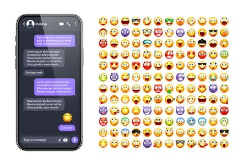 Smartphone messaging app, user interface with emoji. SMS text frame. Chat screen 스톡 일러스트