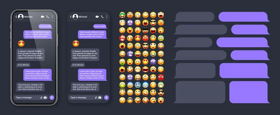 Smartphone messaging app, user interface with emoji. SMS text frame. Chat screen Stock Illustration