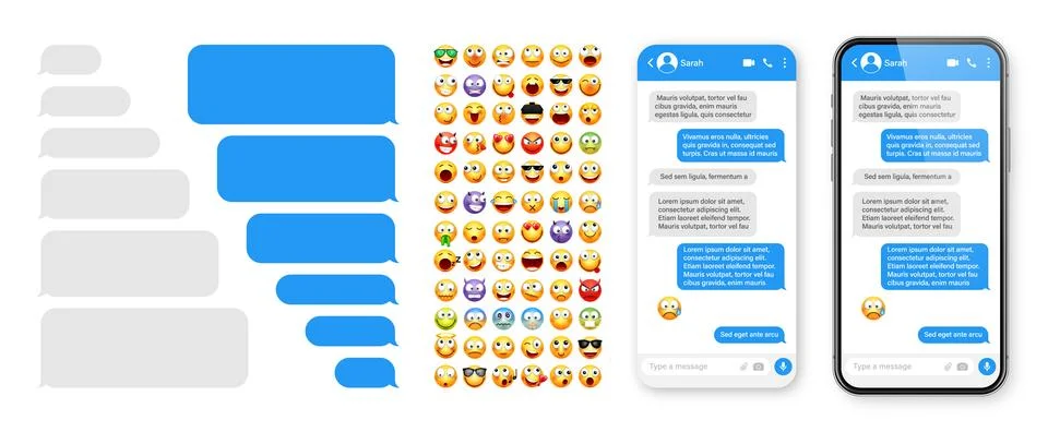 Smartphone messaging app, user interface design with emoji. SMS text frame. Chat Stock Illustration