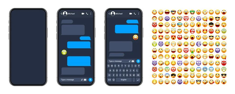 Smartphone messaging app, user interface with emoji. SMS text frame. Chat screen 스톡 일러스트