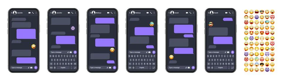 Smartphone messaging app, user interface with emoji. SMS text frame. Chat screen 스톡 일러스트