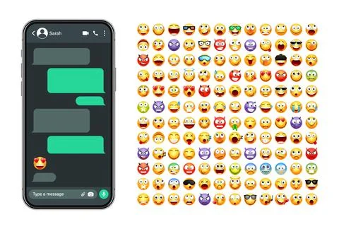 Smartphone messaging app, user interface with emoji. SMS text frame. Chat screen Stock Illustration