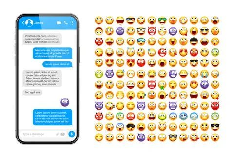 Smartphone messaging app, user interface design with emoji. SMS text frame. Chat 스톡 일러스트