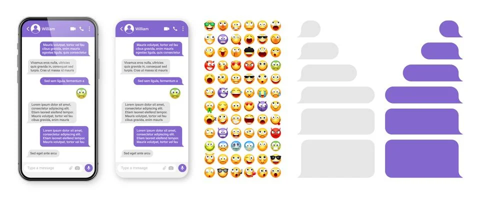Smartphone messaging app, user interface design with emoji. SMS text frame. Chat 스톡 일러스트