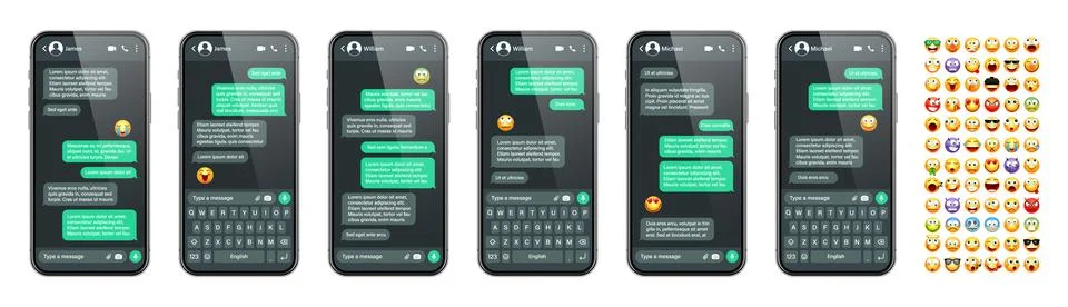 Smartphone messaging app, user interface with emoji. SMS text frame. Chat screen Stock Illustration