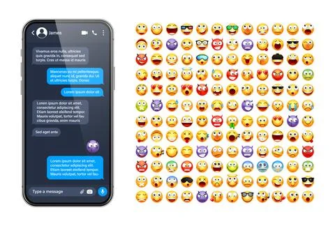 Smartphone messaging app, user interface with emoji. SMS text frame. Chat screen 스톡 일러스트