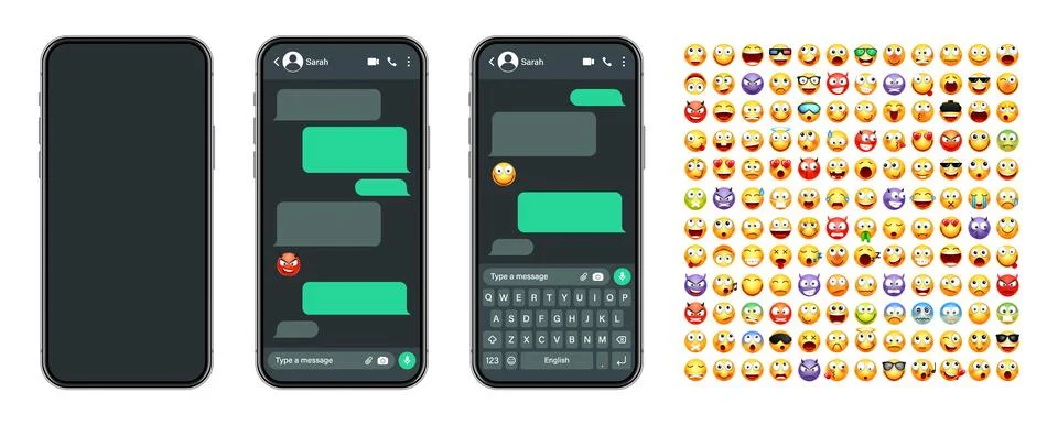 Smartphone messaging app, user interface with emoji. SMS text frame. Chat screen Stock Illustration