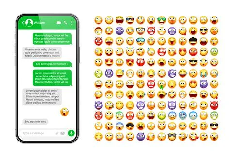 Smartphone messaging app, user interface design with emoji. SMS text frame. Chat Stock Illustration
