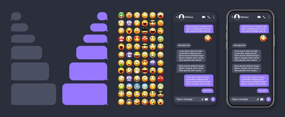 Smartphone messaging app, user interface with emoji. SMS text frame. Chat screen Stock Illustration