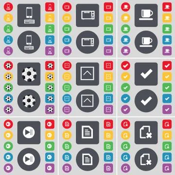 Smartphone, Microscope, Cup, Ball, Arrow up, Tick, Media skip, Text file icon sy Stock Illustration