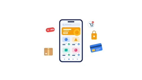 Smartphone with mobile shopping app interface and e-commerce icons Stock Footage 347665248