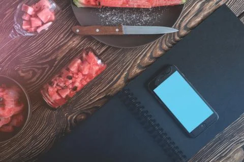 Smartphone mock-up on kitxhen table 스톡 사진