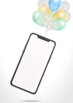 Smartphone mockup with color balloons flying Stock Illustration