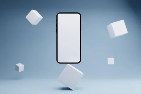 Smartphone mockup, floating cubes, blue background, app presentation Stock Illustration
