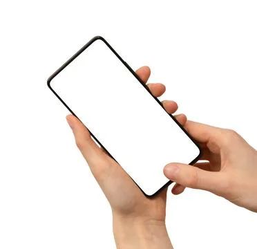 Smartphone mockup held in hands angled isolated on white background. Mobile.. Foto stock