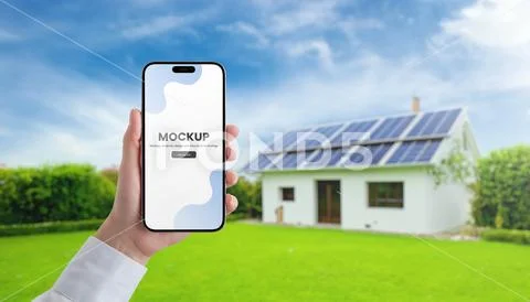 Smartphone mockup. Home with solar panels in background Modèle PSD