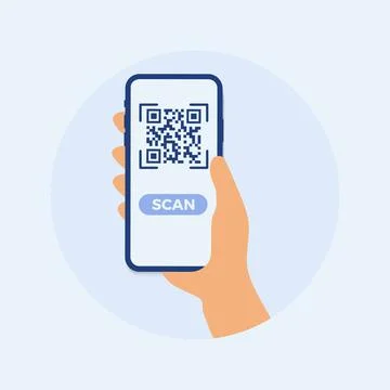 Smartphone mockup in human hand. Scan QR code. Vector flat colorful technology Stock Illustration