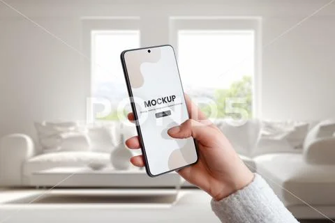 Smartphone mockup in modern living home interior Modello PSD