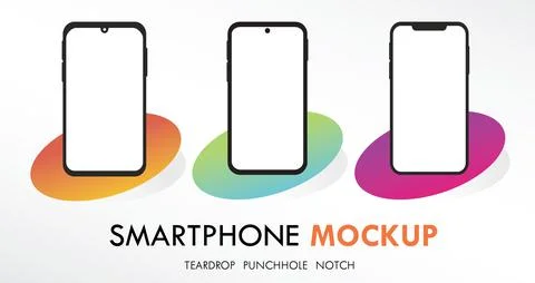 Smartphone Mockup Set Android Three Blank Display Notch Teardrop Template Stock Illustration