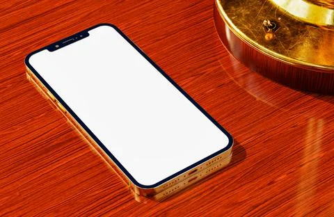 Smartphone mockup top view flat lay. New frameless golden smartphone front si Stock Illustration