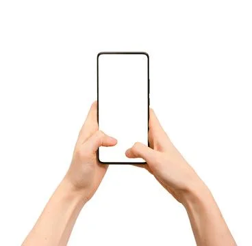 Smartphone mockup in two hands isolated on white background. Mobile cell ph.. Foto stock