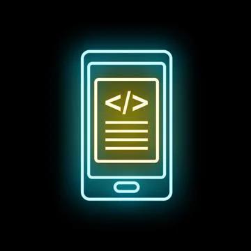 Smartphone with neon coding icon representing mobile app development Illustrazione stock