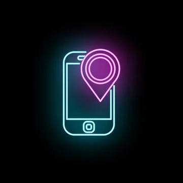 Smartphone with neon location pin for tracking Ilustración de archivo