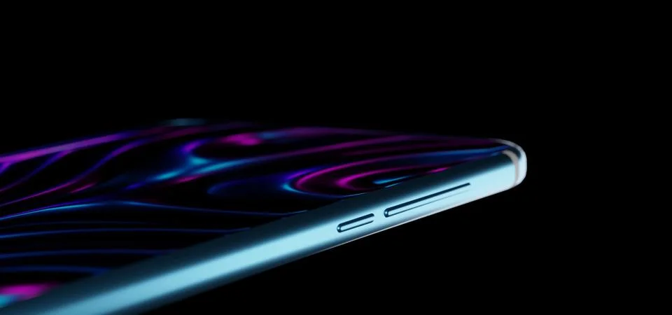 Smartphone with neon screen perspective angle view. Cellphone mock up with Illustrazione stock