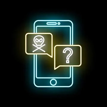 Smartphone with neon skull and question icons Stock Illustration