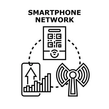 Smartphone network connecting devices, data, and communication tower Stock Illustration