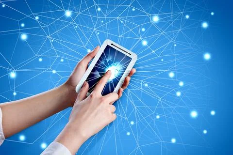 Smartphone Network Connection with Hands on Blue Digital Background Stock Photos