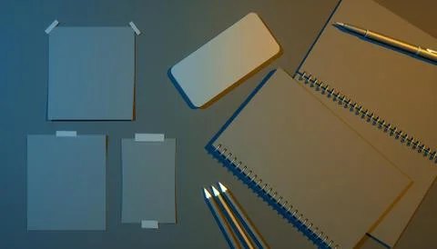 Smartphone next to a notebook on a black background in blue and yellow lighti Stock Illustration