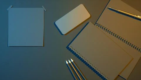 Smartphone next to a notebook on a black background in blue and yellow lighti Illustrazione stock