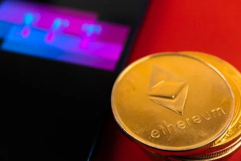 Smartphone with NFT application on abstract red background with ethereum coin Stock Photos