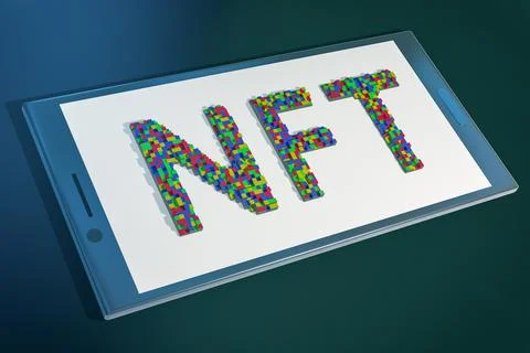 Smartphone with NFT text in pixel art style Stock Illustration