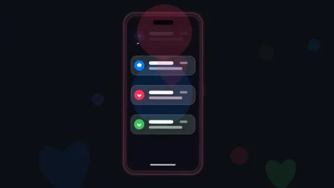 Smartphone notification interface animation with floating heart icons Video stock 346966522