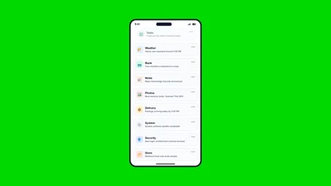 Smartphone notification screen mockups with app lists on green background. 4K Video stock 341694033